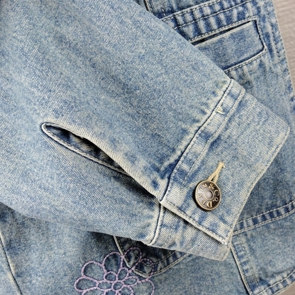 Denim & Co. Vintage Light Blue Embroidered High Collar Button Up Denim Shacket - Picture 7 of 14